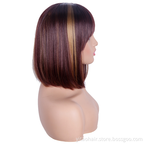 Wholesale Brown Bob Wigs for Women Highlights Blonde Straight Hair Short Bob Wig with Bangs Heat Resistant Synthetic